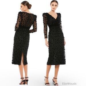 Mac Duggal Embellished V-Neck Illusion Long Sleeve Column Midi, 67856, Size 18